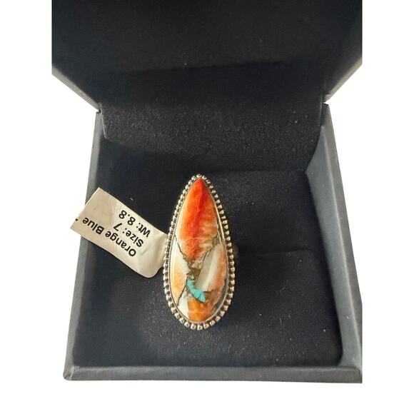 925 Sterling Silver Orange & Blue Turquoise Ring – Size 7 – Teardrop Jewelry - Picture 2 of 3